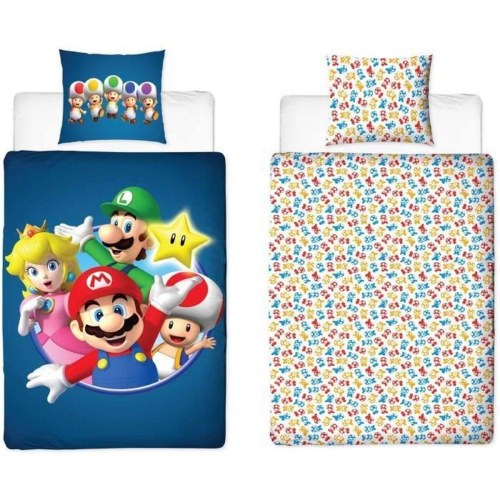 Mario Bros sengesæt - dynebetræk 140x200 cm + pudebetræk 63x63 cm, blå, 2 dele