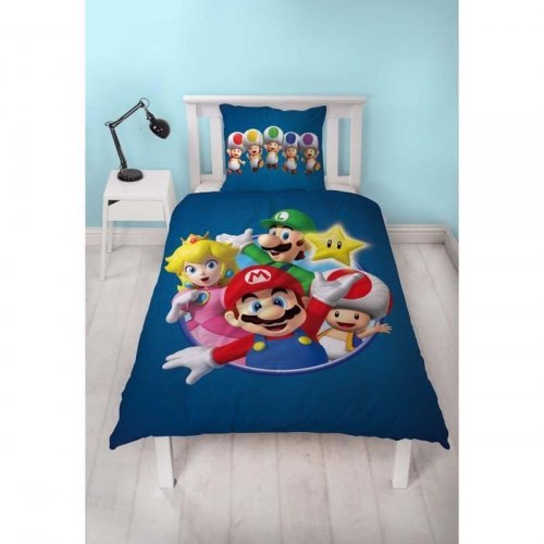Mario Bros sengesæt - dynebetræk 140x200 cm + pudebetræk 63x63 cm, blå, 2 dele
