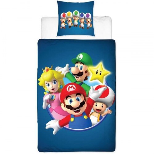 Mario Bros sengesæt - dynebetræk 140x200 cm + pudebetræk 63x63 cm, blå, 2 dele