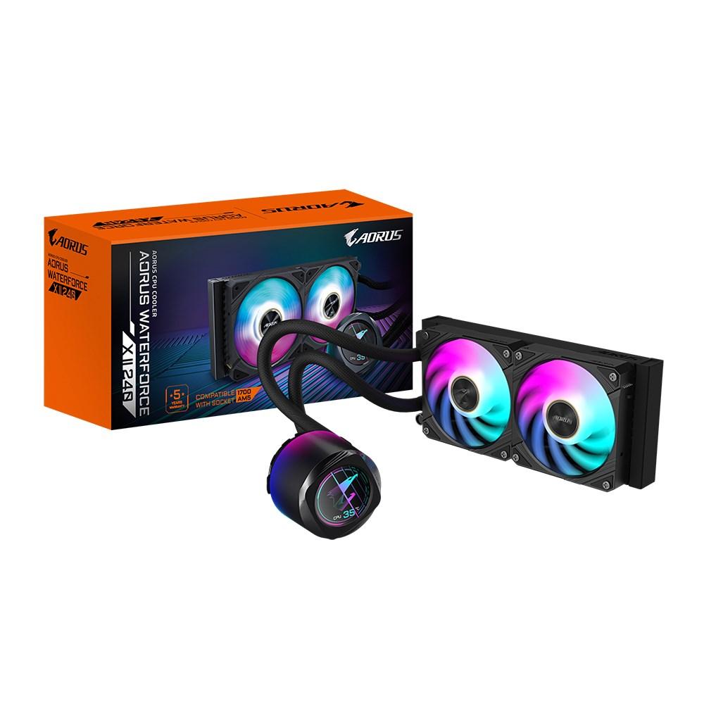 Vandkøler til CPU – Gigabyte Aorus Waterforce X II 240, 2×120 mm ARGB, LCD, daisy-chain, til Intel LGA 1851 og AMD AM5 billede
