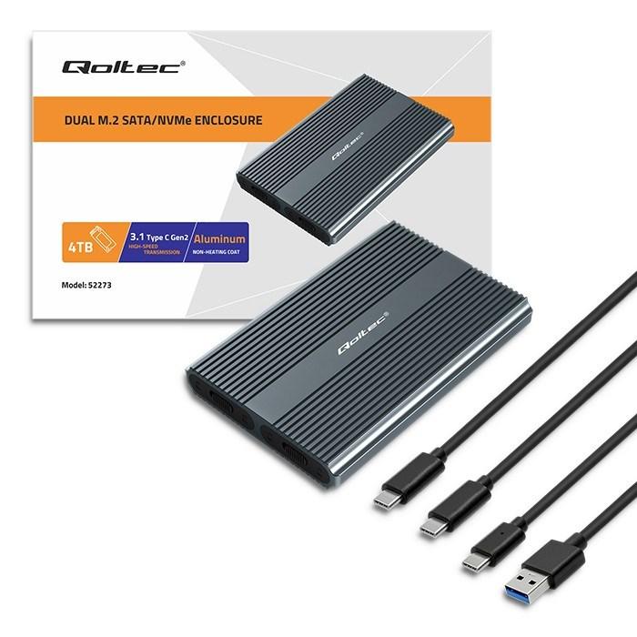 Eksternt M.2 SSD-kabinet Qoltec - SATA/NVMe, USB-C, DUAL (2 × 2 TB)
