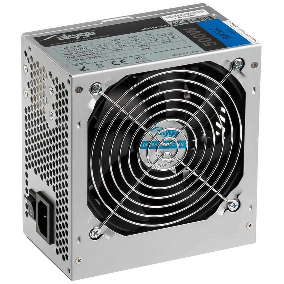 Strømforsyning ATX 500 W - Akyga AK-B1-500E, 20+4 pin, grå