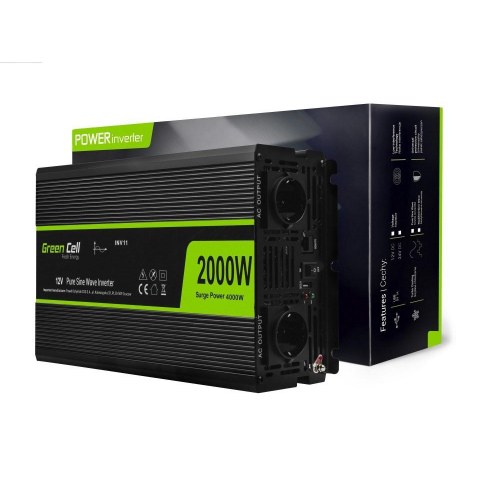 Strøminverter bil 12V til 230V 2000 W - Green Cell, sort