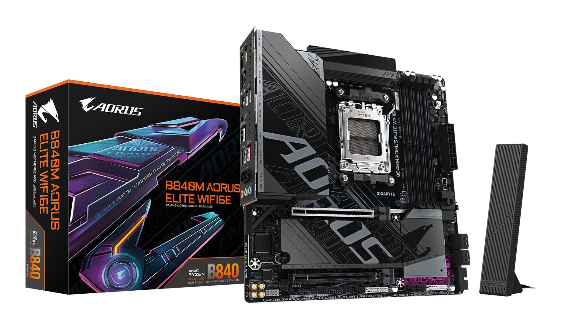 AORUS B840M ELITE WIFI6E - Bundkort - micro ATX - Socket AM5 - AMD B840 Chipset - USB 3.2 Gen 2, USB-C 3.2 Gen 1, USB 3.2 Gen 1 - Wi-Fi 6E, 2.5 Gigabit LAN, Bluetooth - onboard grafik (CPU påkrævet) - HD Audio (8-kanaler)