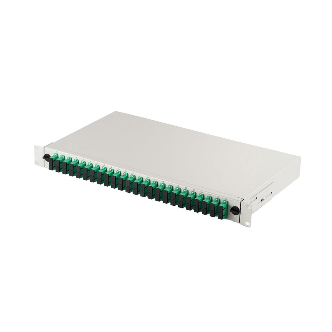 Fiber patchpanel 19" 1U – ART, 24× SC APC duplex, OS2, inkl. pigtails, adaptere og bakker, grå