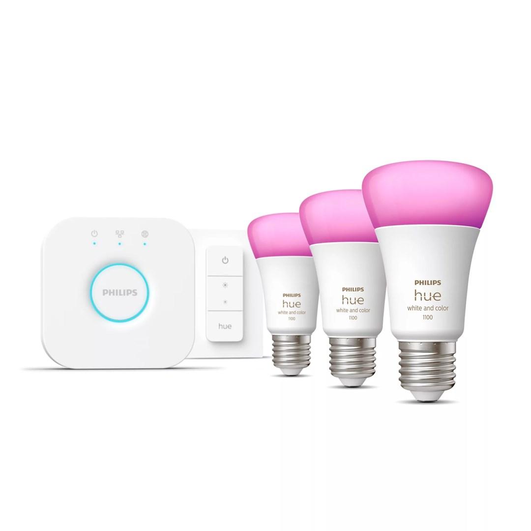 Smart belysning Philips Hue starterkit med 3 E27 1100 lm + dæmper og bridge