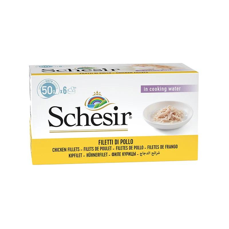 Vådfoder til kat – Schesir kyllingefileter i bouillon, 6×50 g