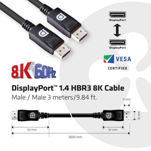 DisplayPort kabel 1.4 3 m – Club 3D HBR3 8K (M/M)