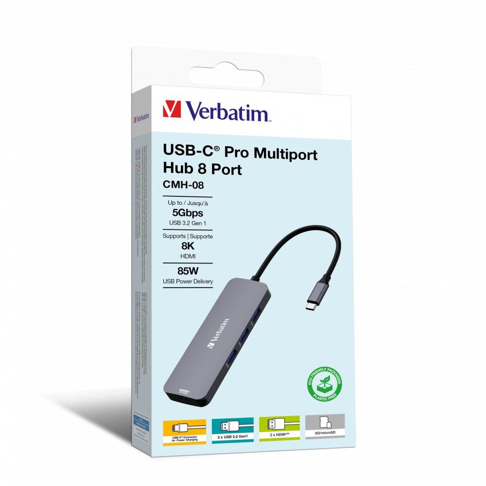 USB-C hub 8-ports - Verbatim CMH-08, 5 Gbit/s, sølv billede