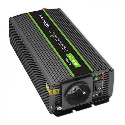 Strøminverter bil 24 V til 230 V 1200 W – Qoltec Monolith, sort