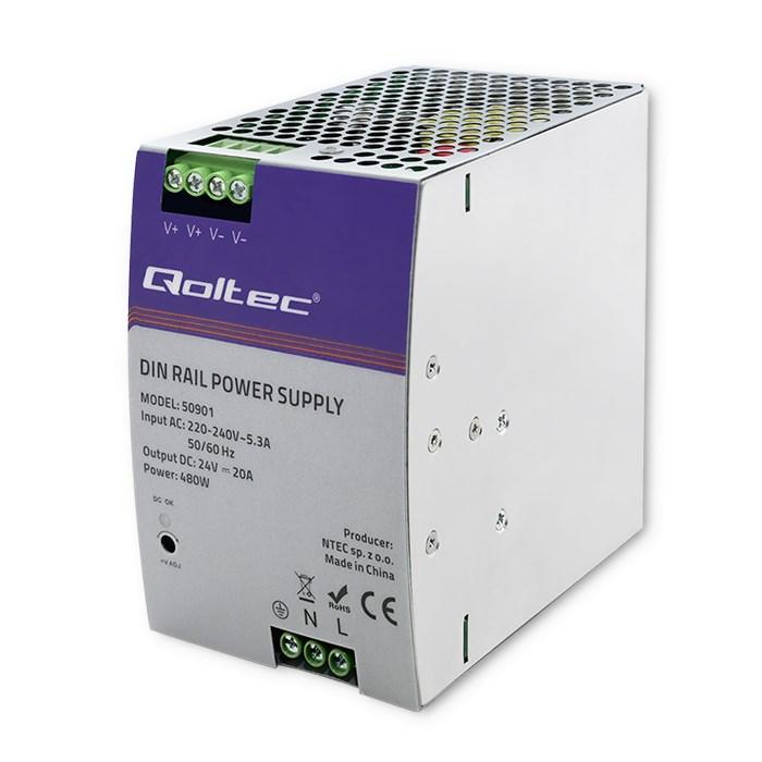 Strømforsyning til DIN-skinne Qoltec – 480 W, 24 V, 20 A
