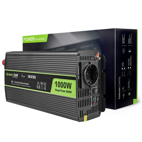 Strøminverter 12V til 230V – Green Cell INV09, 1000 W, sort