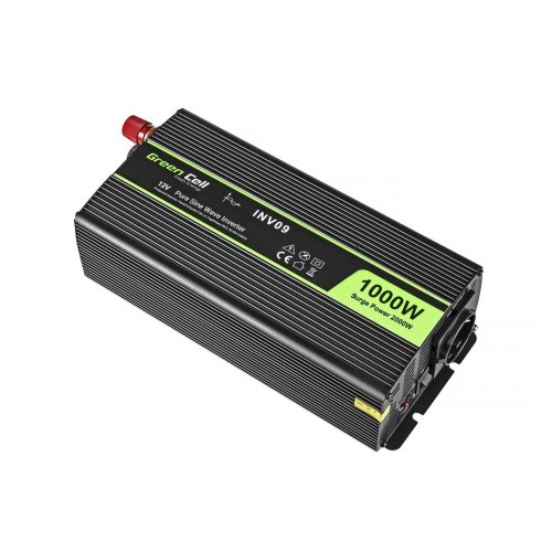 Strøminverter 12V til 230V – Green Cell INV09, 1000 W, sort
