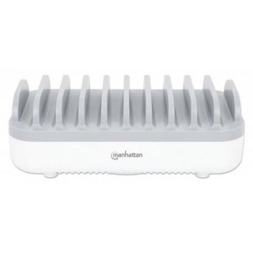 USB opladerstation – Manhattan, 10 porte (3x USB-C op til 18 W PD + 7x USB-A op til 12 W), 120 W, hvid/grå
