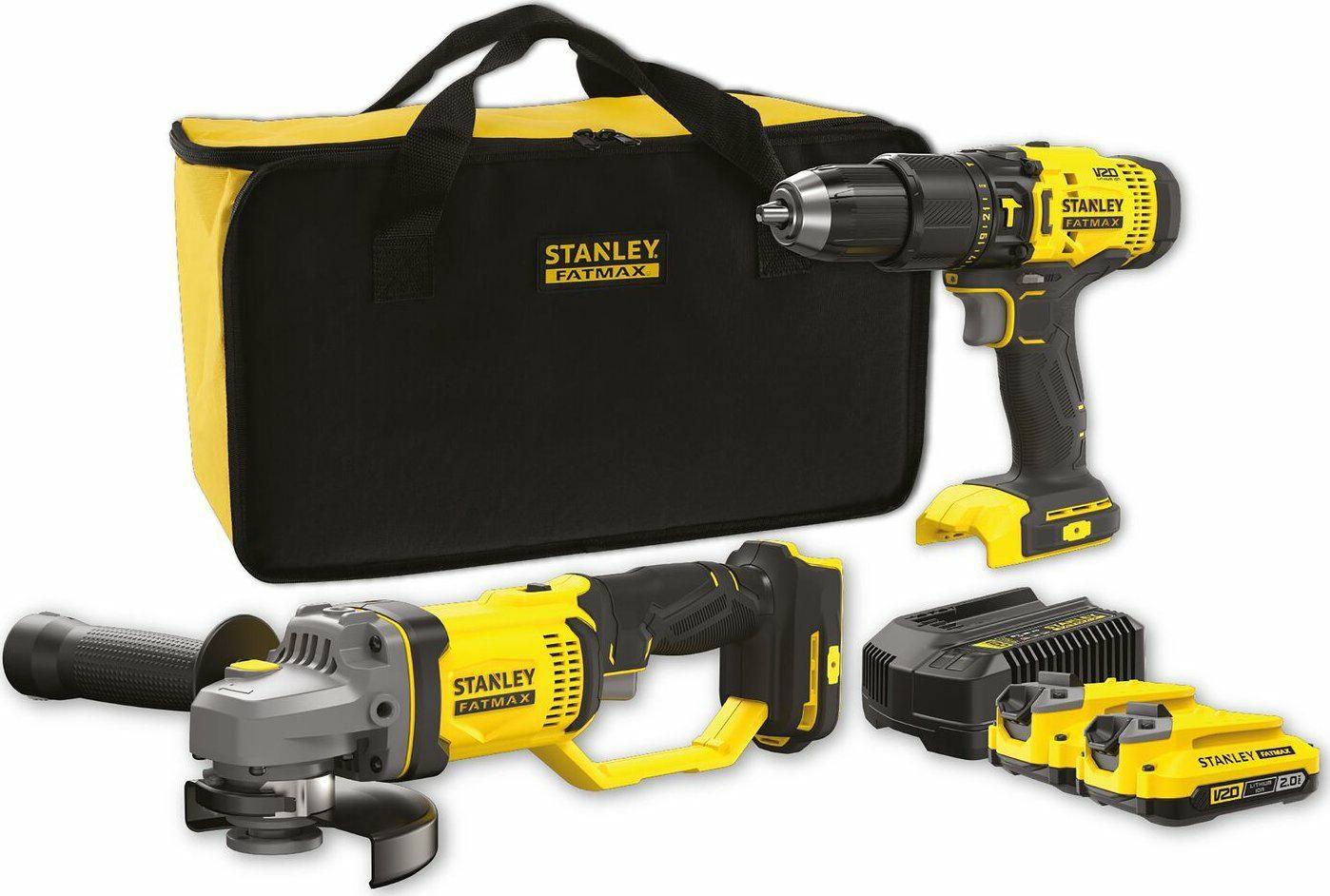 Skruemaskine-sÃ¦t Stanley Fatmax V20 med vinkelsliber, bor/skruemaskine, 2 x 2,0 Ah batterier, lader og taske