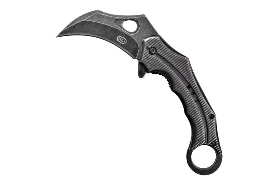 Foldekniv karambit med fjederåbning - Speck, sort