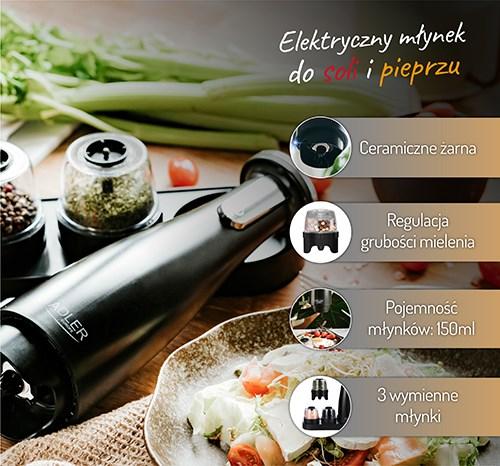 Adler Electric Salt and pepper grinder AD 4449b 7 W, Housing material ABS plastikas, Lithium, Matte Juodas