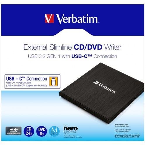 Ekstern CD/DVD-drev - Verbatim Slimline, USB 3.2