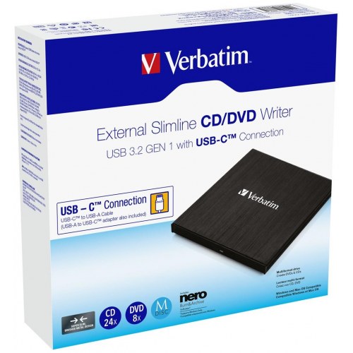 Ekstern CD/DVD-drev - Verbatim Slimline, USB 3.2