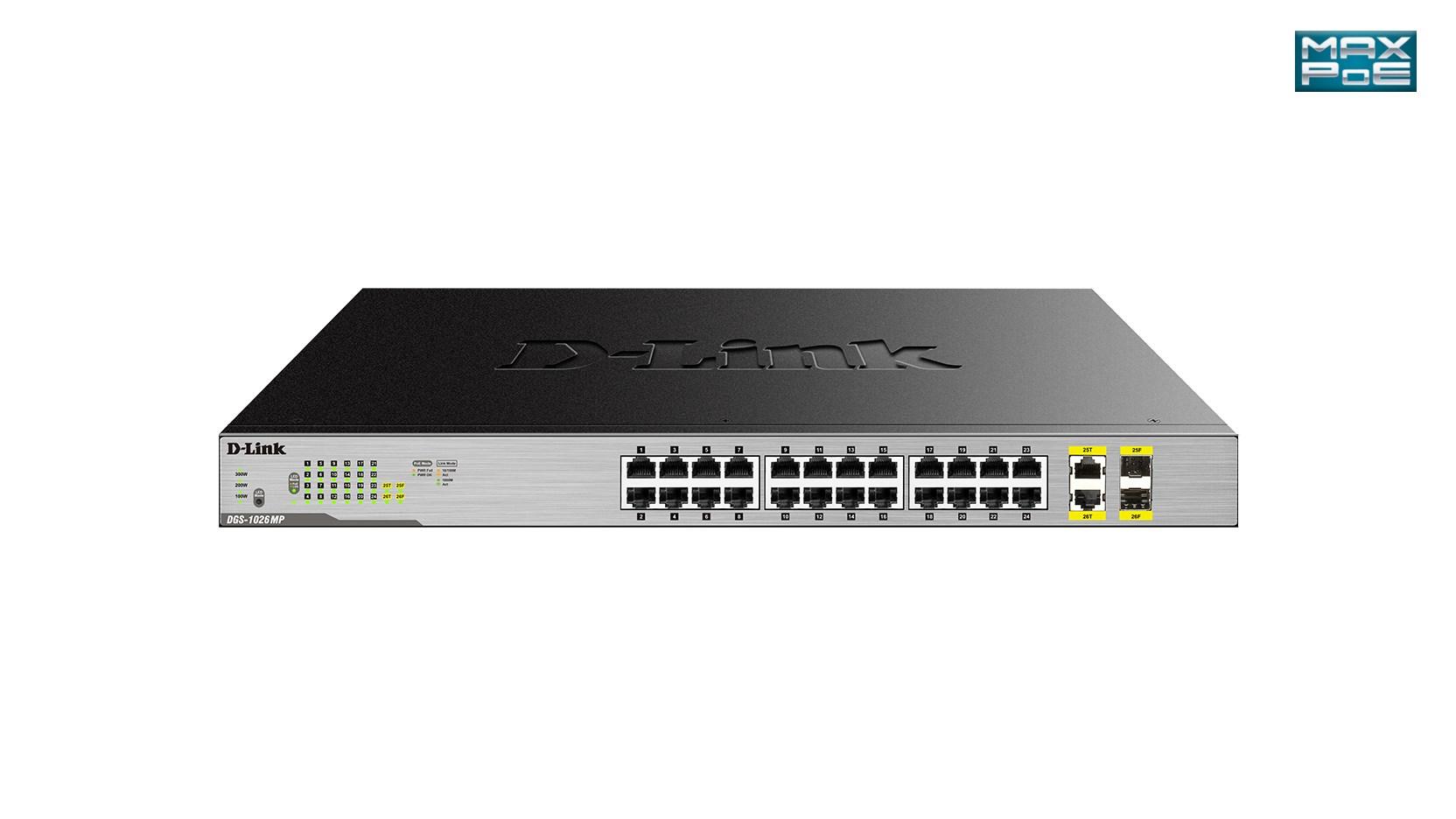 Netværksswitch D-Link 24-port Gigabit PoE+ uadministreret med 2 x 100/1000 Mb/s combo-porte billede