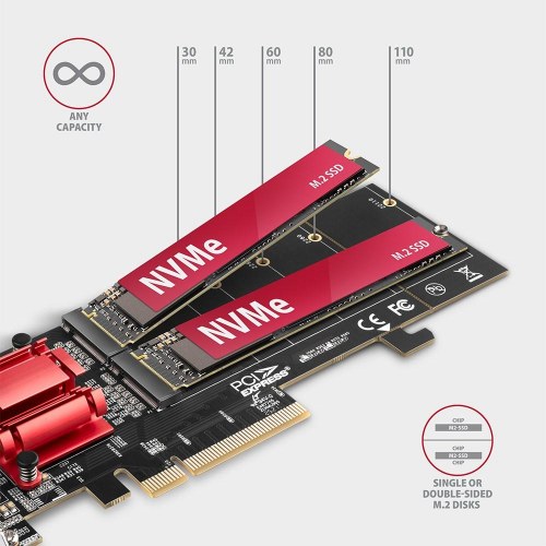 M.2 NVMe PCIe adapterkort - AXAGON PCEM2-ND, 2x M.2, PCIe 3.0