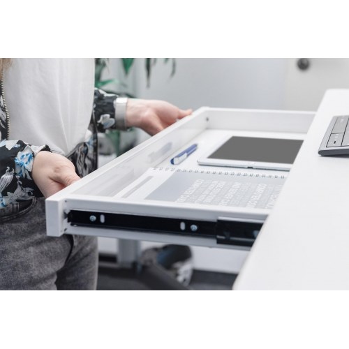 Hæve-/sænkebord DIGITUS med USB-oplader og skuffe – 120 × 60 cm, hvid