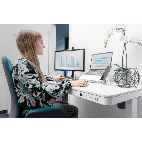 Hæve-/sænkebord DIGITUS med USB-oplader og skuffe – 120 × 60 cm, hvid