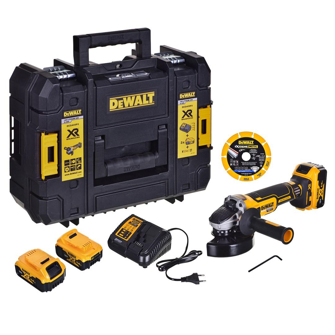 Vinkelsliber 18V DeWALT DCG405P3 - inkl. 3 x 5,0 Ah, lader og kuffert billede
