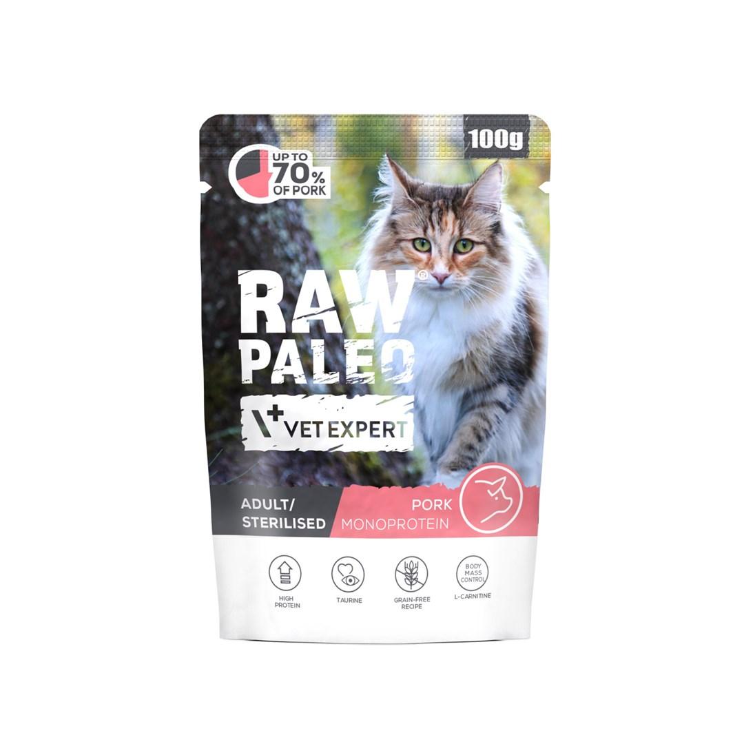 Vådfoder til kat – VetExpert Raw Paleo Adult Sterilised, svin, 100 g