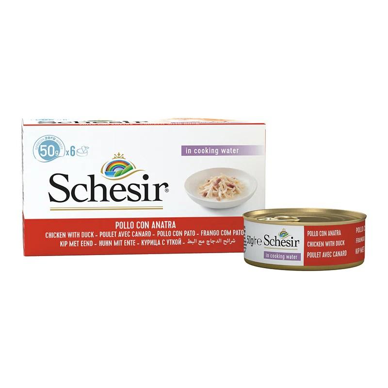 Vådfoder til kat – Schesir kyllingefilet med and i bouillon, 6×50 g billede