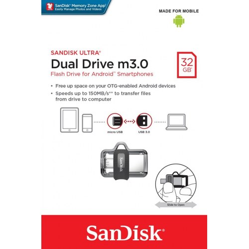 USB stik SanDisk Ultra Dual m3.0 32 GB – USB-A/Micro-USB, 3.2 Gen 1, sort/sølv/transparent
