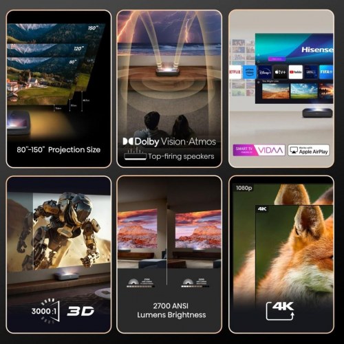 Projektor ultrakort kast – Hisense PL2 Laser, 2700 ANSI lumen, 4K UHD, 3D, sort