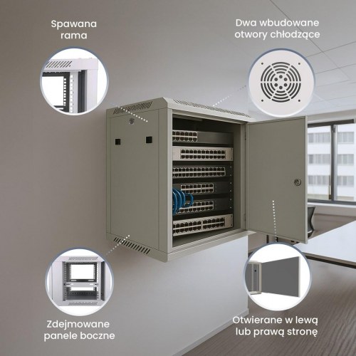 Væghængt rackskab 6U 60×60 cm – Extralink, grå, metaldør