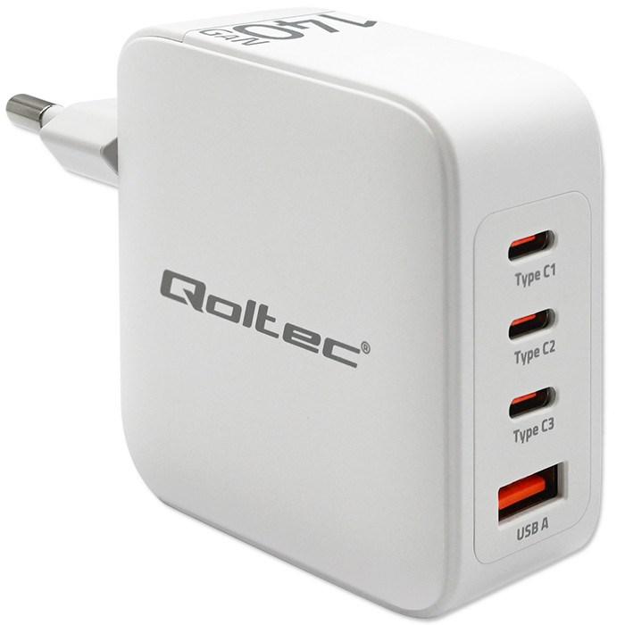 Oplader væg 140 W GaN – Qoltec, 3× USB‑C PD + 1× USB‑A QC 3.0, hvid