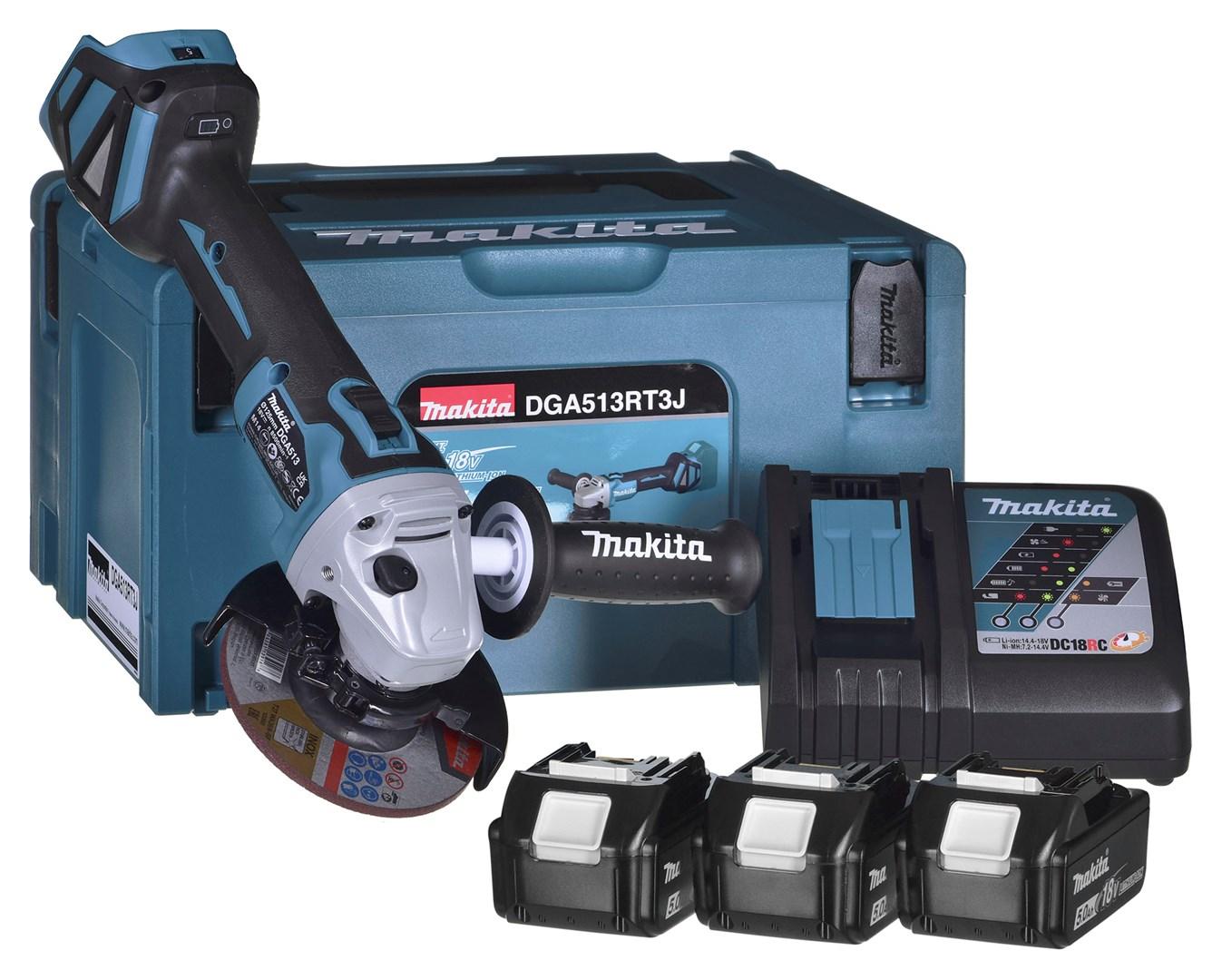Vinkelsliber 18 V med 3×5,0 Ah batterier - Makita DGA513RT3J