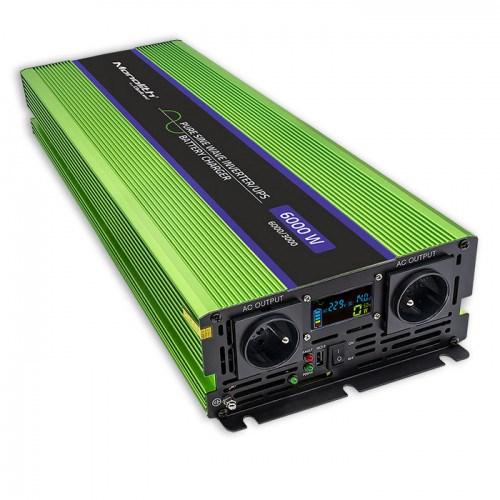 Strøminverter bil - Qoltec Monolith 6000 W, 12 V til 230 V, grøn