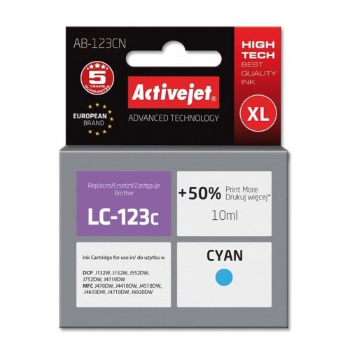 Blækpatron cyan XL – Activejet (kompatibel med Brother LC123C/LC121C), 10 ml