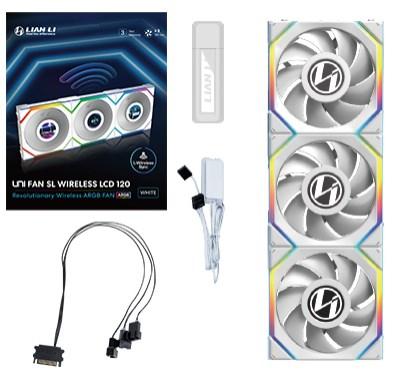 Kabinetsblæsere 120 mm LIAN LI UNI FAN SL Wireless LCD, ARGB PWM, 3-pack med controller – hvid billede