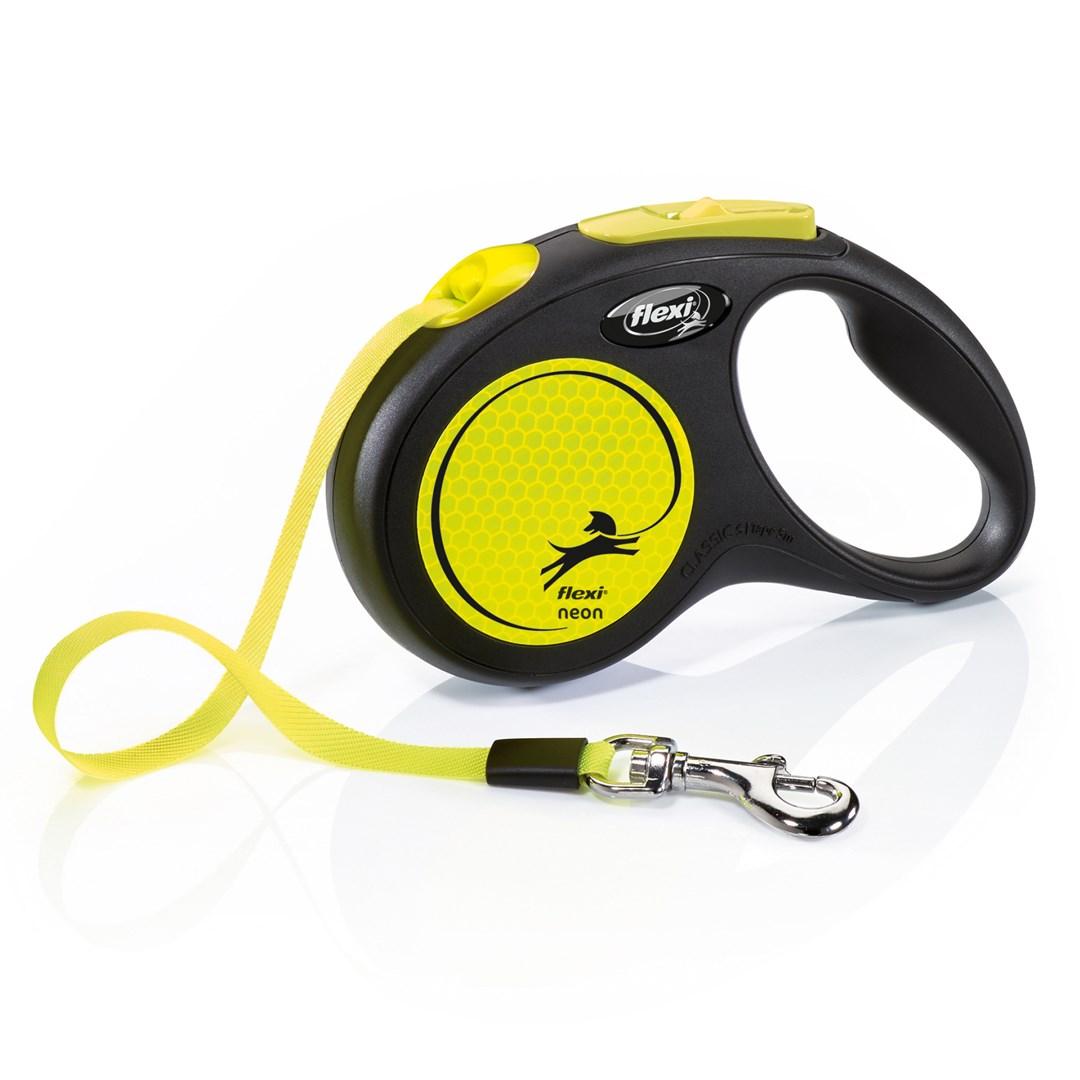 Hundeline med automatisk oprul - flexi Neon, 5 m, sort/gul billede