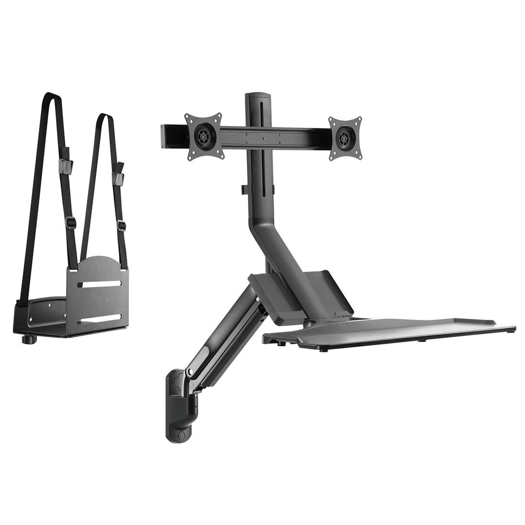 Skærmholder væg – Maclean dual monitor med tastaturbakke og pc-holder, gasfjeder, 17–27″ – MC-633