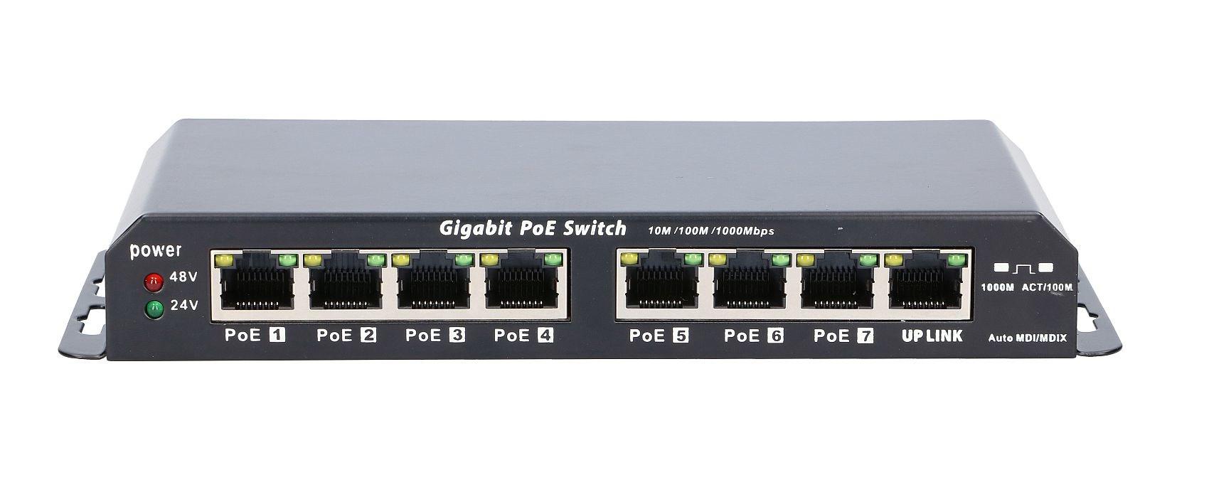 Gigabit PoE switch – Extralink KRATOS, 7x PoE + 1x RJ45 uplink, strømforsyning 24 V 2,5 A, 60 W billede