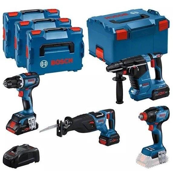 18V combokit fra Bosch – GSR 18V-90 C, GDX 18V-210 C, GBH 18V-24 C, GSA 18V-28 – inkl. 1×4,0 Ah og 2×5,5 Ah batterier