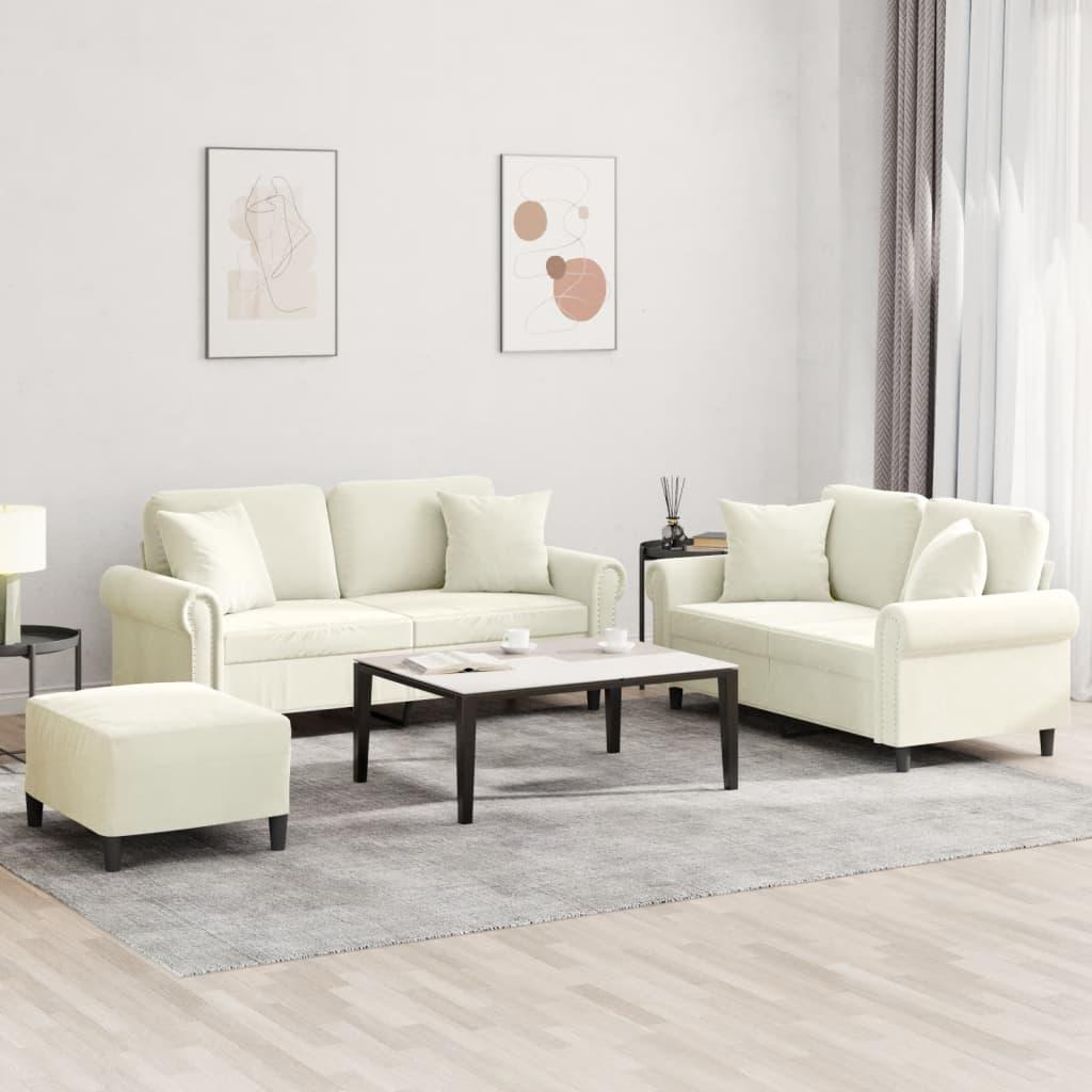 Sofasæt 3 dele med puder velour cremefarvet