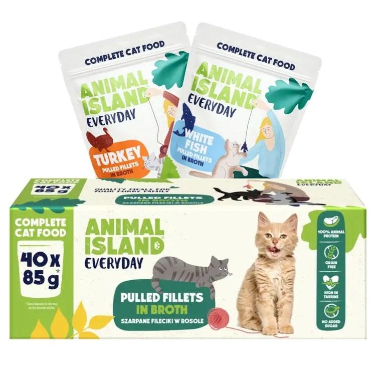 Vådfoder til kat – ANIMAL ISLAND Everyday, kalkun- og hvidfiskefileter i bouillon, 40 x 85 g