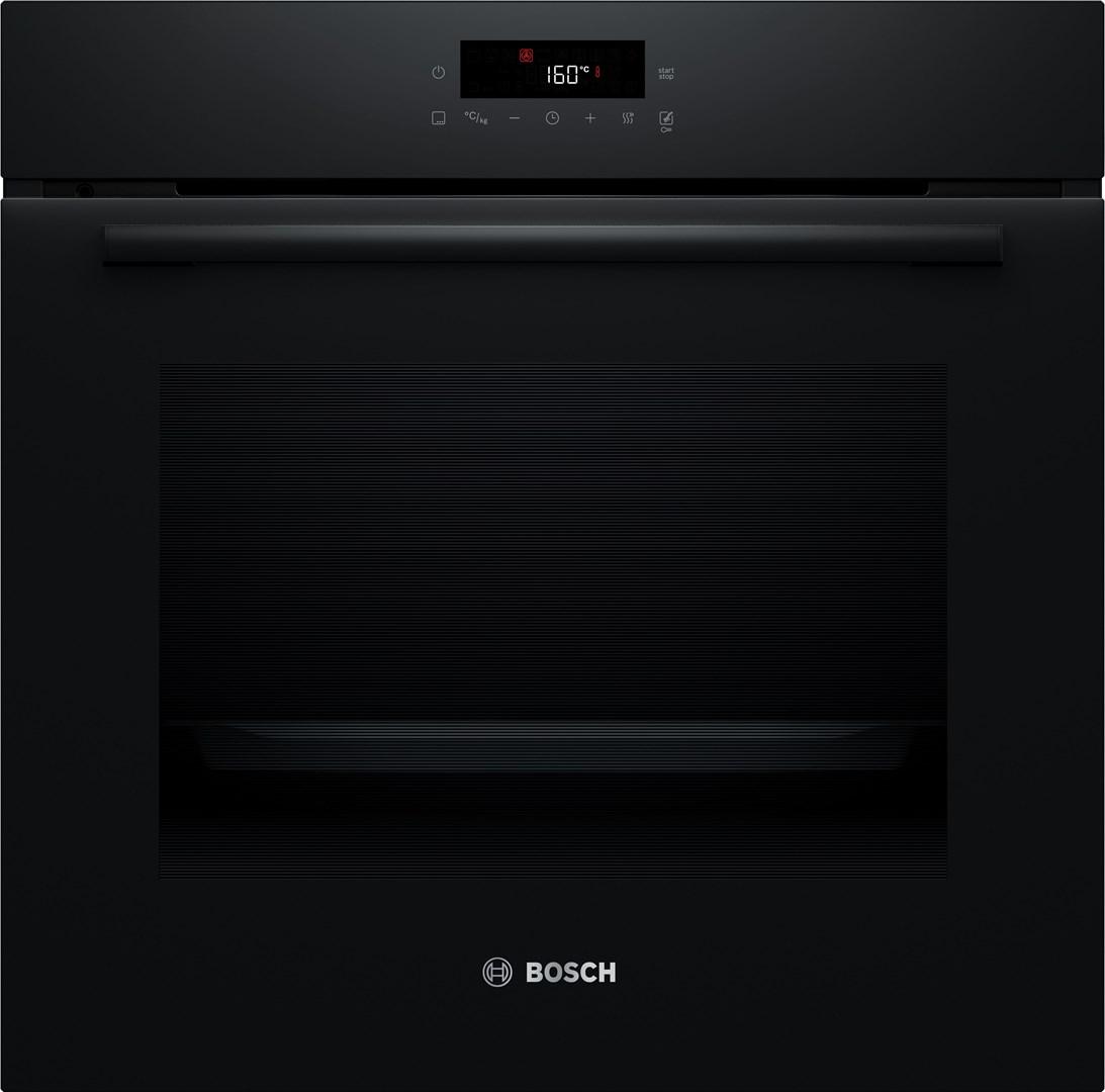 Indbygningsovn Bosch Serie 2 HBA571BB4, 71 l, pyrolyse, sort + HEZ538000 udtræksskinne