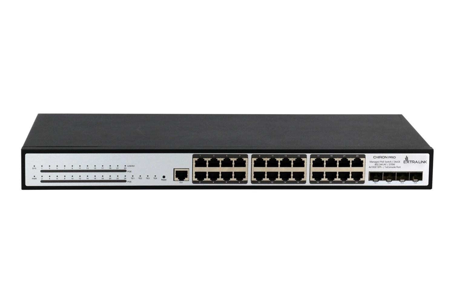 Netværksswitch Extralink PoE Chiron Pro – 24x RJ45 Gigabit, 4x SFP+, L3 managed, 370 W billede