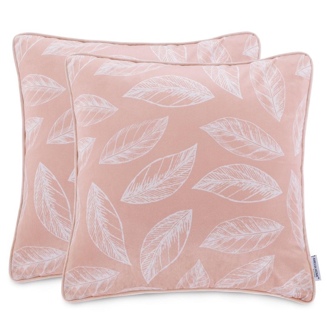Pudebetræk 45x45 cm Calm i fløjl - pudderlyserød med plantemotiv (sæt af 2)