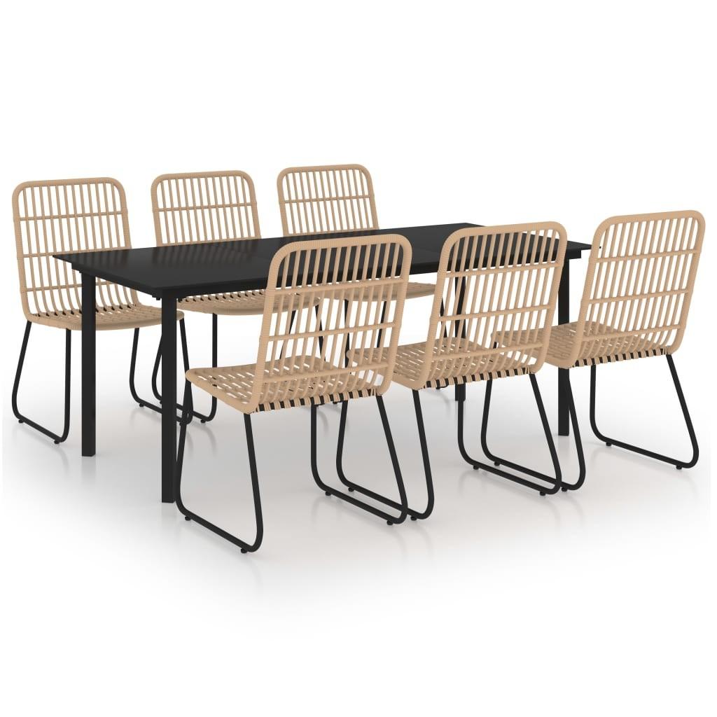 Udendørs spisebordssæt 7 dele - polyrattan og glas, eg/sort