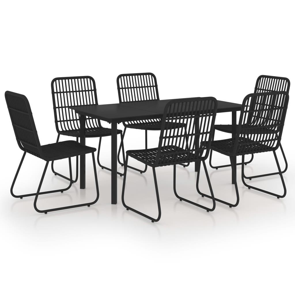 Udendørs spisebordssæt 7 dele - polyrattan og glas, sort