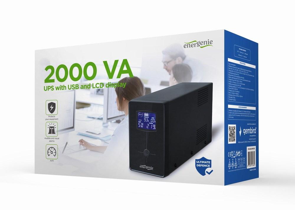 UPS strømforsyning - ENERGENIE 2000 VA, 1.200 W, line-interactive, 5x C13, LCD og USB